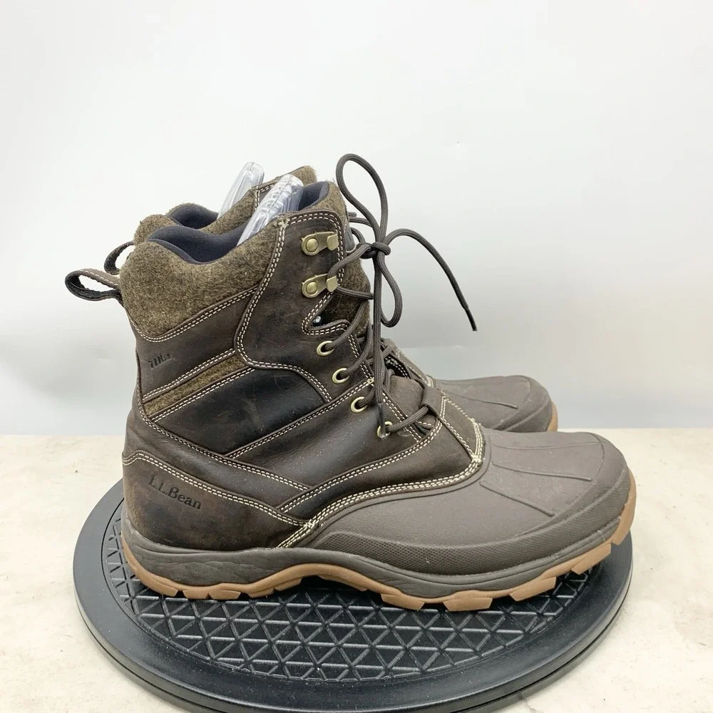 LL Bean Storm Chaser Boots Men Size 14 Shoes Brown Leather Rubber Mid Top Tie